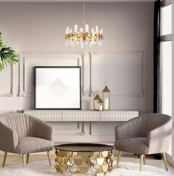 6-Light Mid-Century Modern Gold Kitchen Island Chandelier with Icing Glass