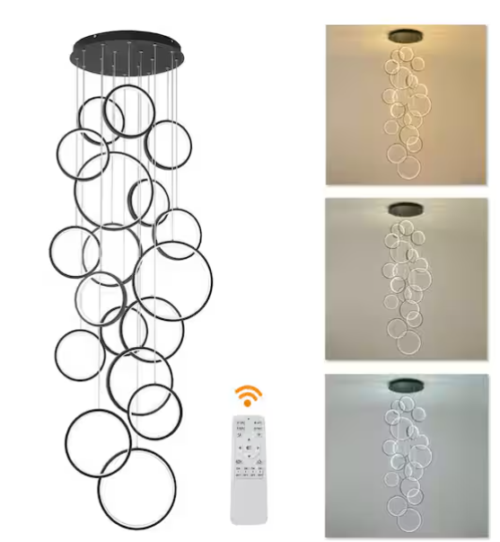 18-Light Modern Black LED Ring Pendant – Dimmable with Remote Control