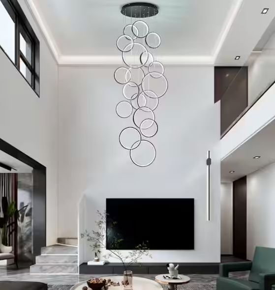 18-Light Modern Black LED Ring Pendant – Dimmable with Remote Control