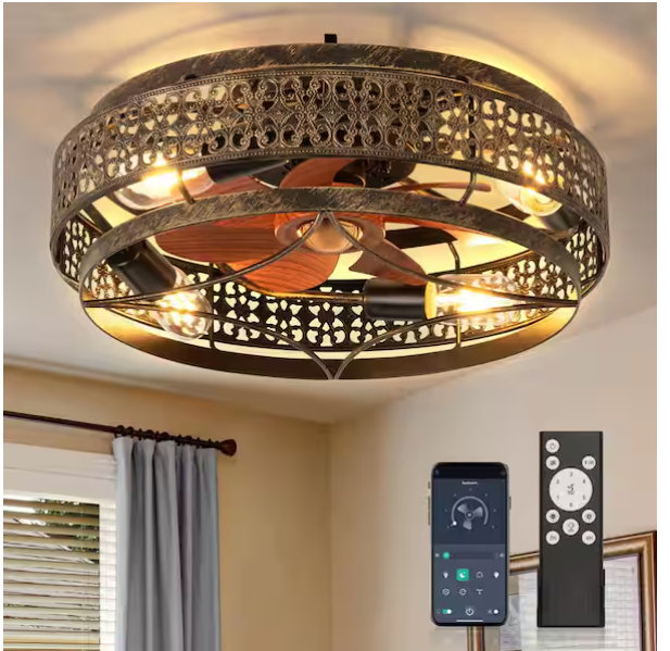 18” Low-Profile Caged Ceiling Fan with Light – Black & Gold Flush Mount (Remote Included)