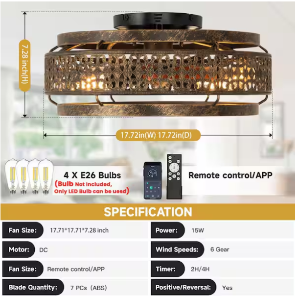 18” Low-Profile Caged Ceiling Fan with Light – Black & Gold Flush Mount (Remote Included)