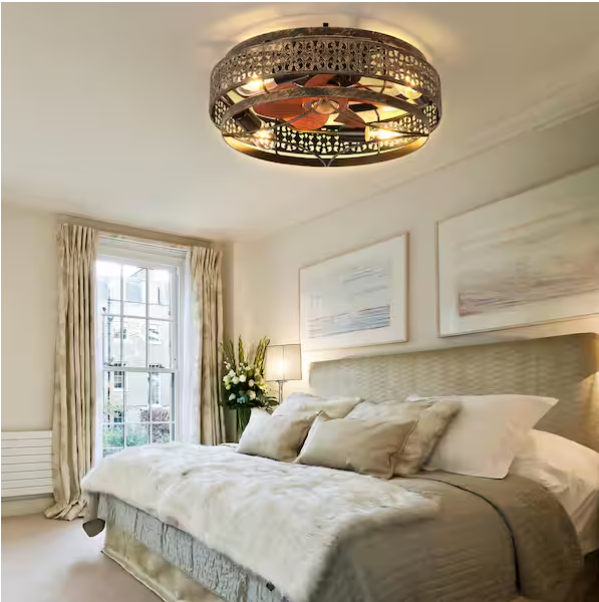 18” Low-Profile Caged Ceiling Fan with Light – Black & Gold Flush Mount (Remote Included)