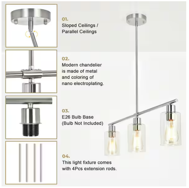 3-Light Nickel Pendant Chandelier – Rustic Farmhouse Kitchen Island Lighting