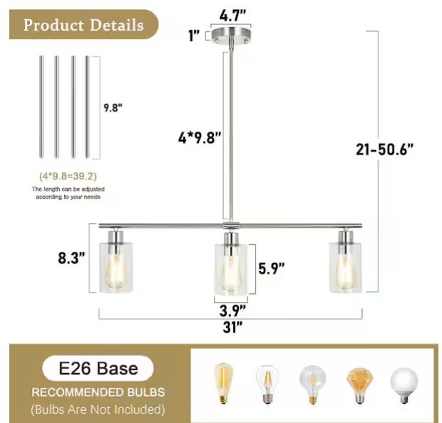 3-Light Nickel Pendant Chandelier – Rustic Farmhouse Kitchen Island Lighting