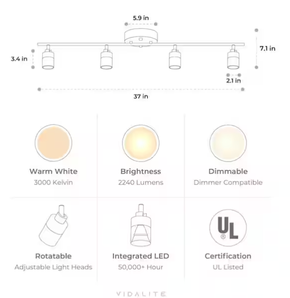 4-Light White LED Track Lighting Kit – Adjustable Heads (3 ft, Integrated LED)