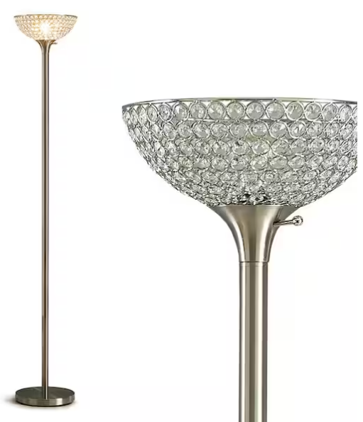 71” Brushed Nickel Torchiere Floor Lamp with Crystal Shade – Lucie Collection