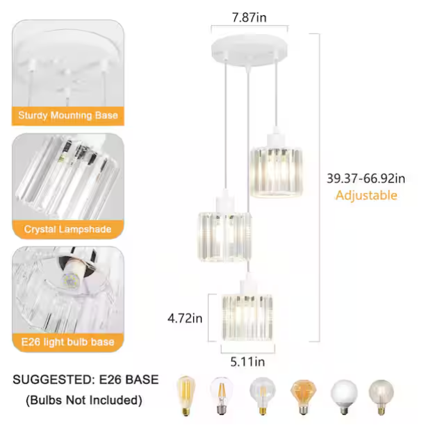 3-Light White Crystal Pendant Chandelier – Modern Classic Kitchen Island Lighting