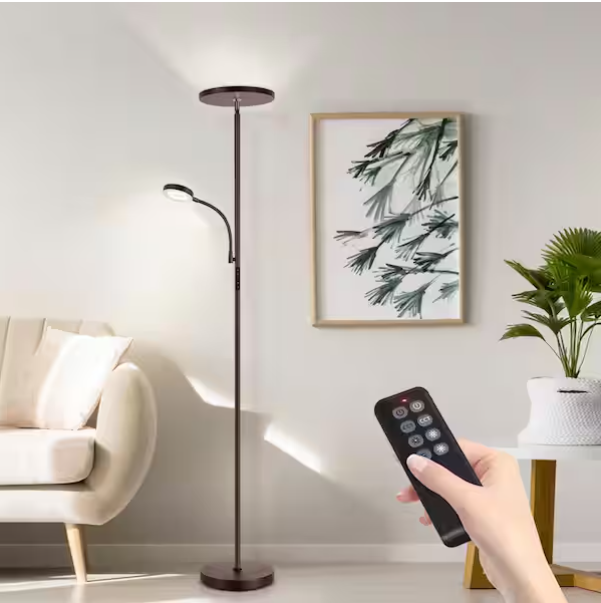 71” Modern Slim Bronze Torchiere Floor Lamp with Reading Light – Dimmable with Remote
