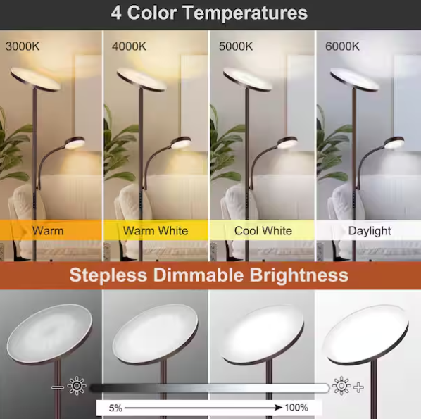 71” Modern Slim Bronze Torchiere Floor Lamp with Reading Light – Dimmable with Remote