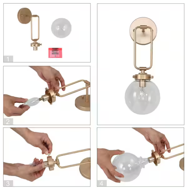 1-Light Antique Gold Globe Wall Sconce with Clear Glass – Naomi Collection