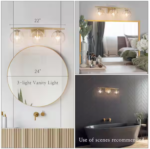 3-Light Gold Bathroom Vanity Light with Clear Globe Glass – Farmhouse Brass Wall Sconce