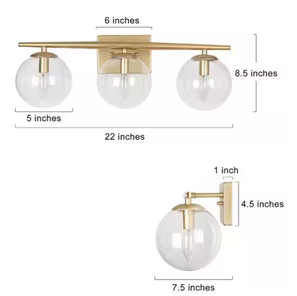 3-Light Gold Bathroom Vanity Light with Clear Globe Glass – Farmhouse Brass Wall Sconce