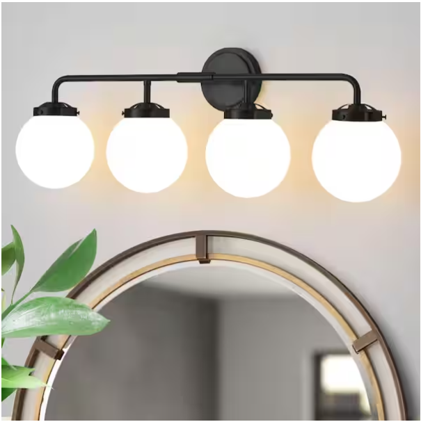 4-Light Black Bathroom Vanity Light with Opal Glass Shades – Modern Wall Fixture
