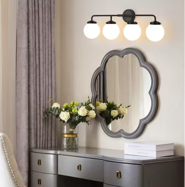 4-Light Black Bathroom Vanity Light with Opal Glass Shades – Modern Wall Fixture
