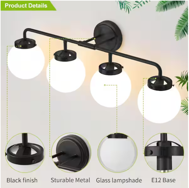 4-Light Black Bathroom Vanity Light with Opal Glass Shades – Modern Wall Fixture