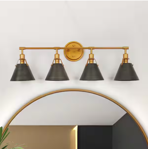 4-Light Brushed Vintage Gold Bathroom Vanity Light with Gray Metal Bell Shades