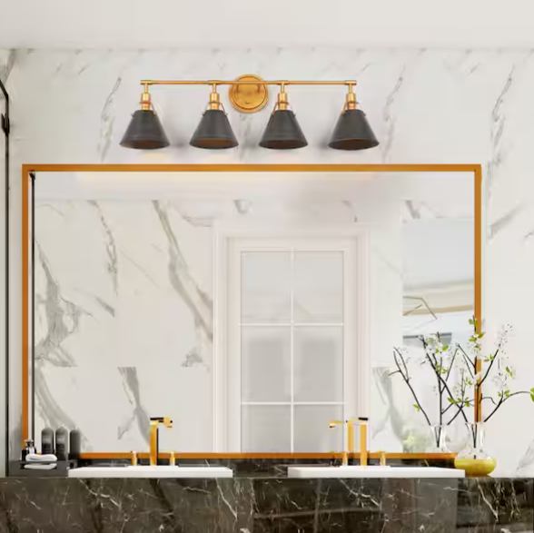 4-Light Brushed Vintage Gold Bathroom Vanity Light with Gray Metal Bell Shades