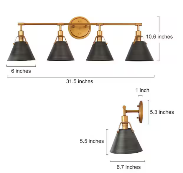4-Light Brushed Vintage Gold Bathroom Vanity Light with Gray Metal Bell Shades