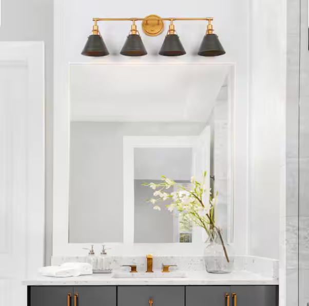 4-Light Brushed Vintage Gold Bathroom Vanity Light with Gray Metal Bell Shades
