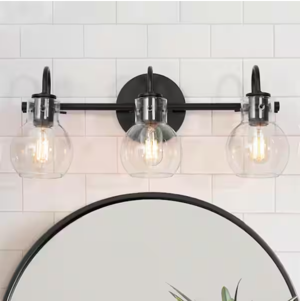 3-Light Black Bathroom Vanity Light with Clear Glass Globe Shades – Modern Wall Sconce