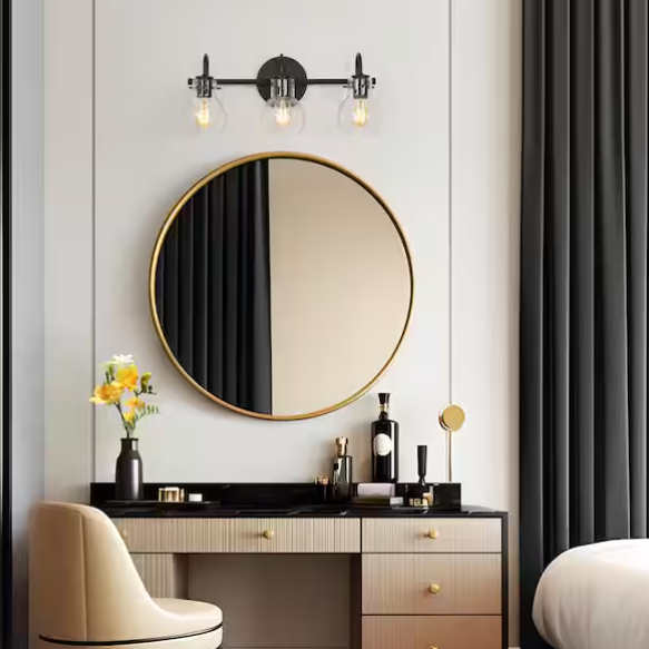 3-Light Black Bathroom Vanity Light with Clear Glass Globe Shades – Modern Wall Sconce