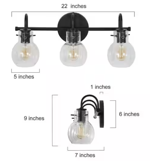 3-Light Black Bathroom Vanity Light with Clear Glass Globe Shades – Modern Wall Sconce
