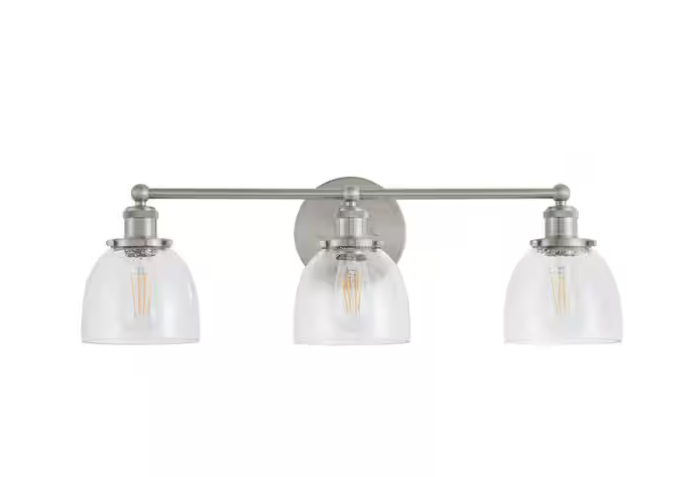 3-Light Brushed Nickel Industrial Bathroom Vanity Light with Clear Seedy Glass – Evelyn Collection