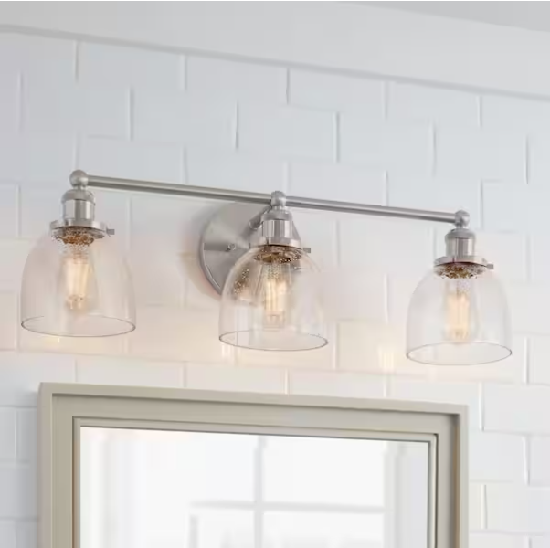 3-Light Brushed Nickel Industrial Bathroom Vanity Light with Clear Seedy Glass – Evelyn Collection