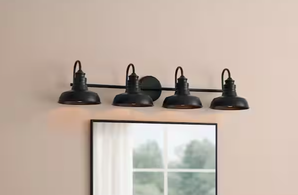 4-Light Matte Black Farmhouse Bathroom Vanity Light with Metal Shades – Elmcroft Collection