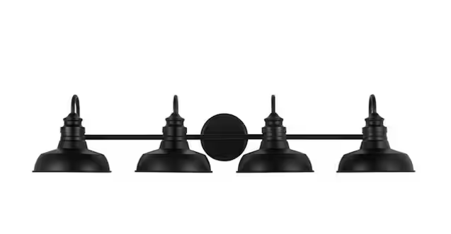 4-Light Matte Black Farmhouse Bathroom Vanity Light with Metal Shades – Elmcroft Collection