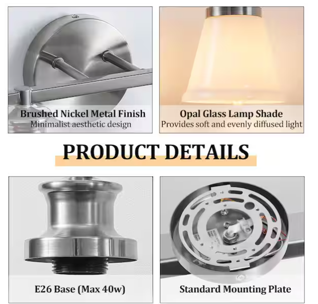 4-Light Brushed Nickel Bathroom Vanity Light with Milk White Glass – Farmhouse Wall Sconce