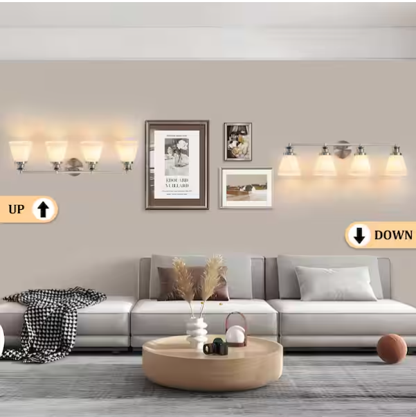 4-Light Brushed Nickel Bathroom Vanity Light with Milk White Glass – Farmhouse Wall Sconce