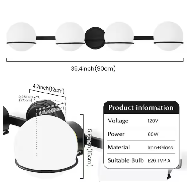 4-Light Modern Black Bathroom Vanity Light with Milk Globe Glass Shades