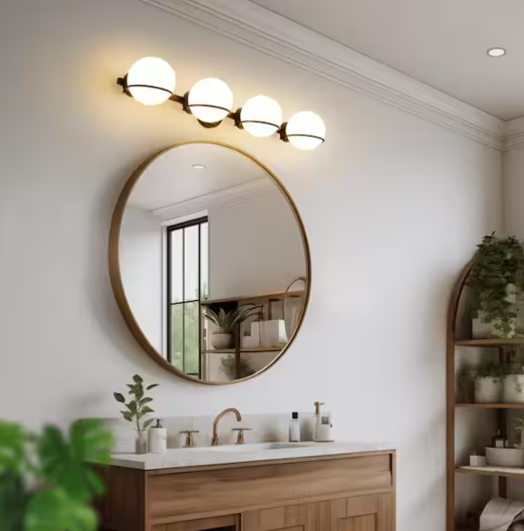 4-Light Modern Black Bathroom Vanity Light with Milk Globe Glass Shades