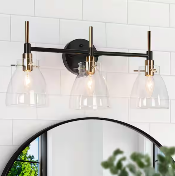 3-Light Brass Gold Bathroom Vanity Light with Clear Glass Bowls – Black Wall Sconce
