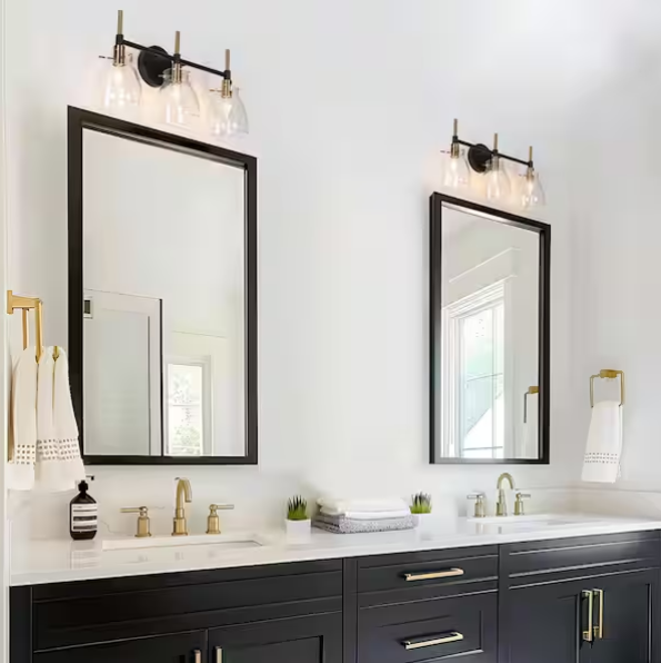 3-Light Brass Gold Bathroom Vanity Light with Clear Glass Bowls – Black Wall Sconce