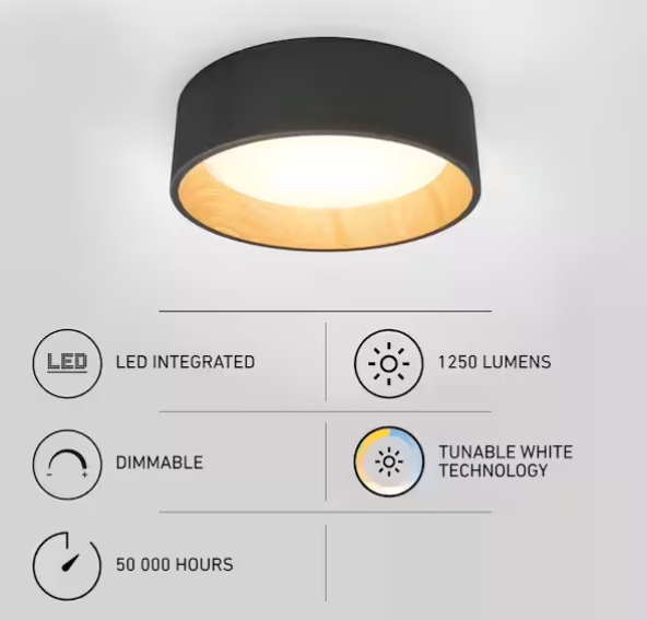 13” Modern Black & Wood LED Flush Mount Ceiling Light – Adjustable CCT (Alton Collection)