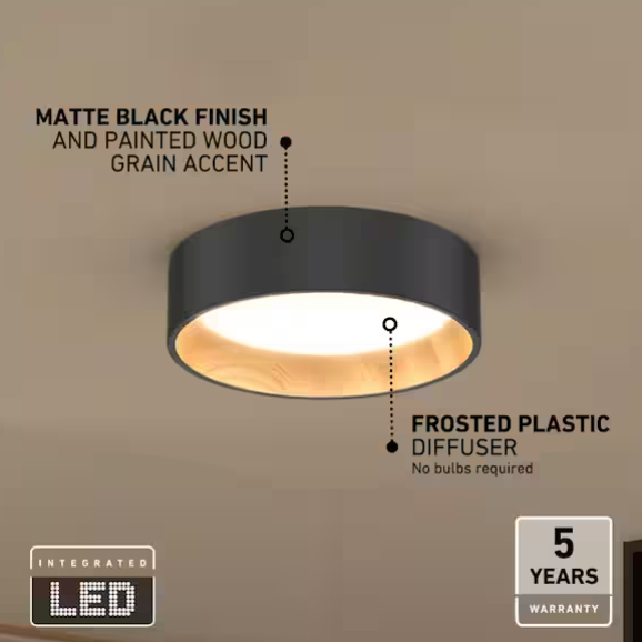 13” Modern Black & Wood LED Flush Mount Ceiling Light – Adjustable CCT (Alton Collection)