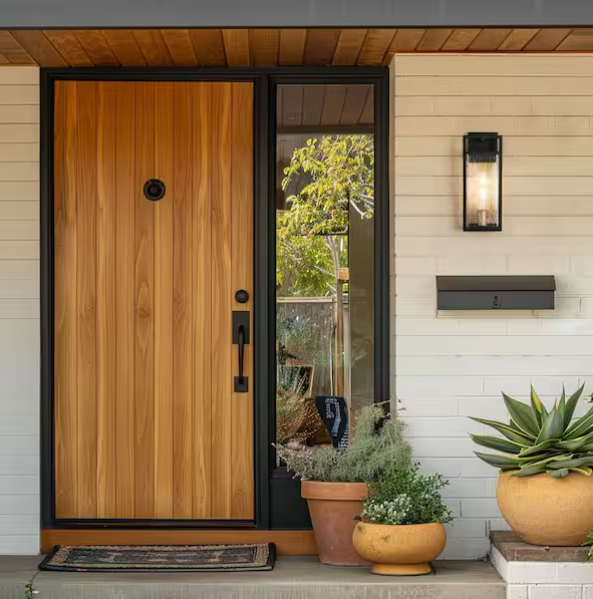 Modern Black & Gold Outdoor Wall Lantern with Seeded Glass – 1-Light Porch Sconce