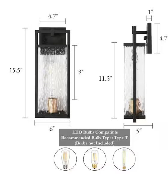 Modern Black & Gold Outdoor Wall Lantern with Seeded Glass – 1-Light Porch Sconce