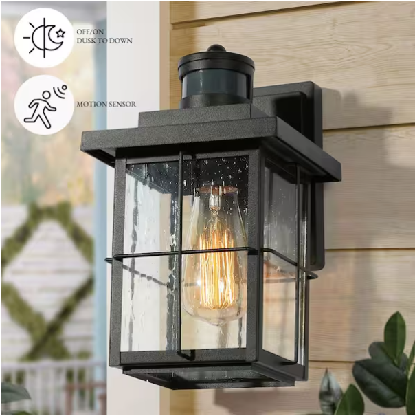 Modern Black Outdoor Wall Light with Motion Sensor – 1-Light Security Sconce