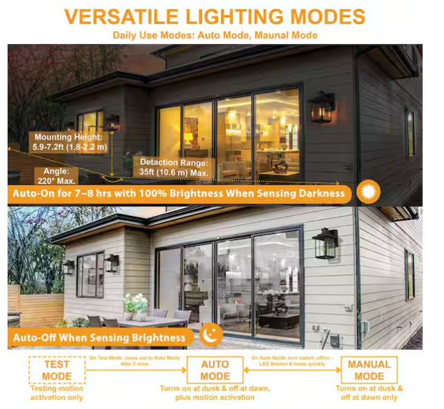 Modern Black Outdoor Wall Light with Motion Sensor – 1-Light Security Sconce