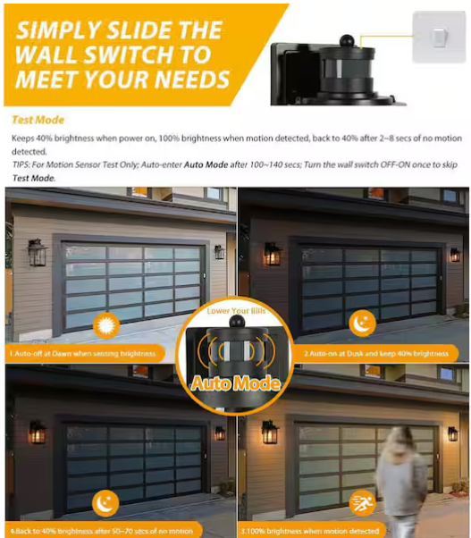 Modern Black Outdoor Wall Light with Motion Sensor – 1-Light Security Sconce