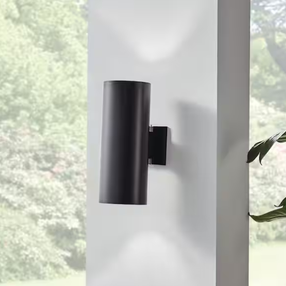 15” Black Outdoor Wall Cylinder Sconce – 2-Light Up & Down Modern Fixture (Independence Collection)
