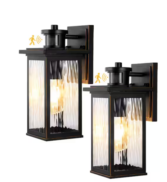 12” Black Outdoor Wall Lantern with Motion Sensor & Dusk-to-Dawn – Dimmable (2-Pack)