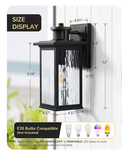 12” Black Outdoor Wall Lantern with Motion Sensor & Dusk-to-Dawn – Dimmable (2-Pack)