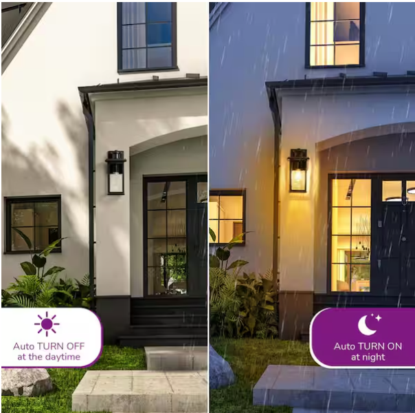 12” Black Outdoor Wall Lantern with Motion Sensor & Dusk-to-Dawn – Dimmable (2-Pack)