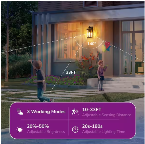 12” Black Outdoor Wall Lantern with Motion Sensor & Dusk-to-Dawn – Dimmable (2-Pack)