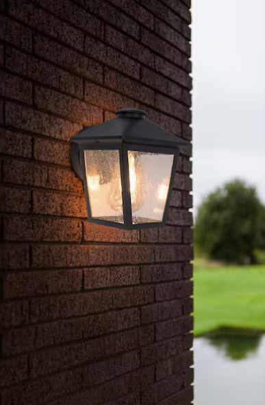 1-Light Black Outdoor Wall Lantern with Clear Seeded Glass – Hardwired Porch Sconce