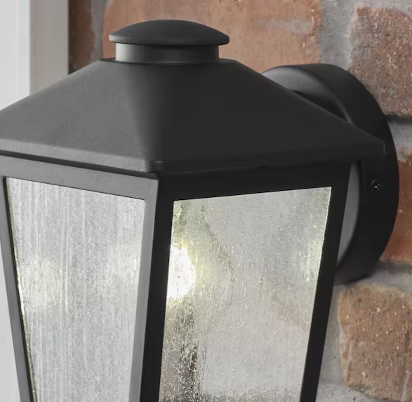 1-Light Black Outdoor Wall Lantern with Clear Seeded Glass – Hardwired Porch Sconce